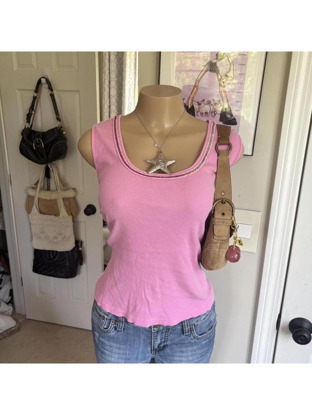y2k 2000s mcbling pink rhinestone trim tank top